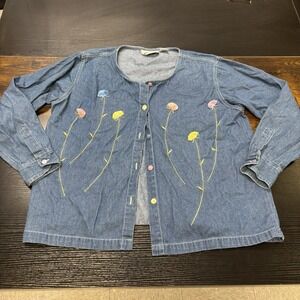 Vintage T&R Denims 90s Womens Floral Embroidered Denim Button Down Shirt Size M